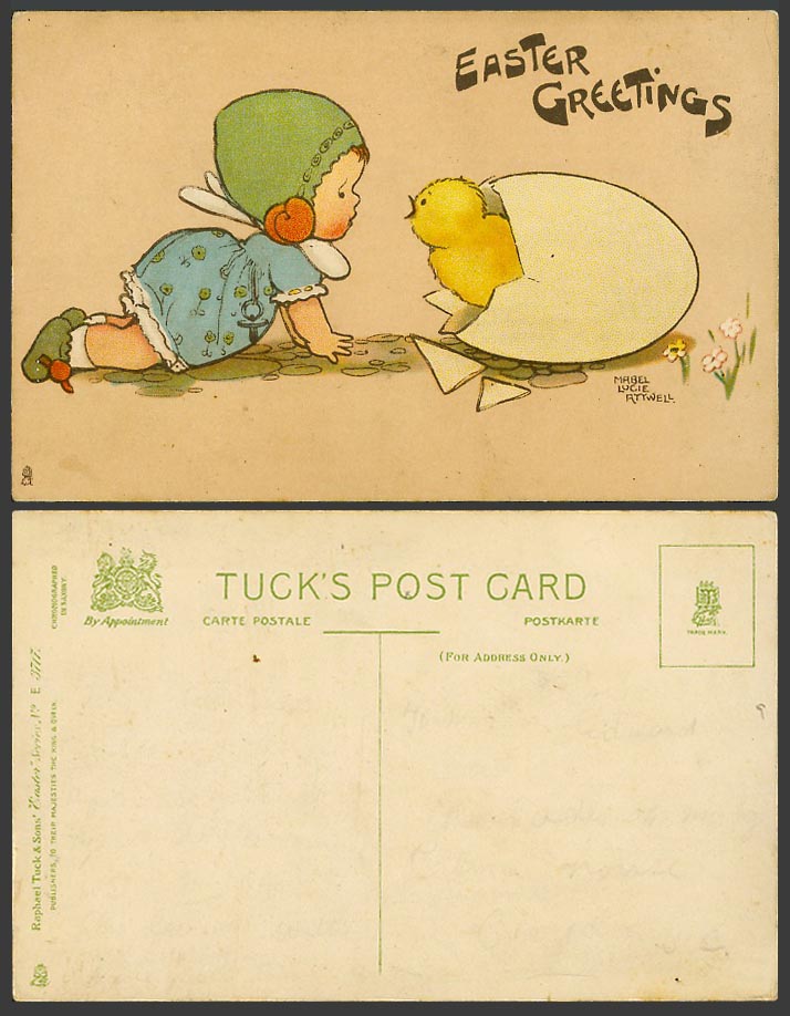 MABEL LUCIE ATTWELL Old Tuck's Postcard Easter Greetings Girl Hatched Chick Bird