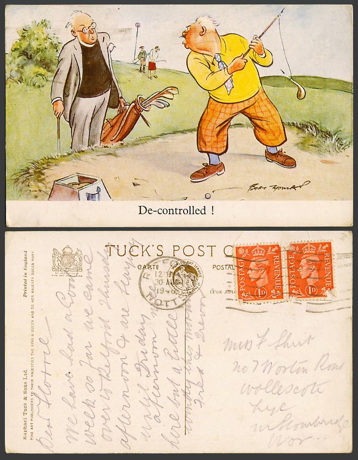 Bert Thomas De-Controlled Golfer Fisherman Fishing Rod 1940 Old Tucks Postcard