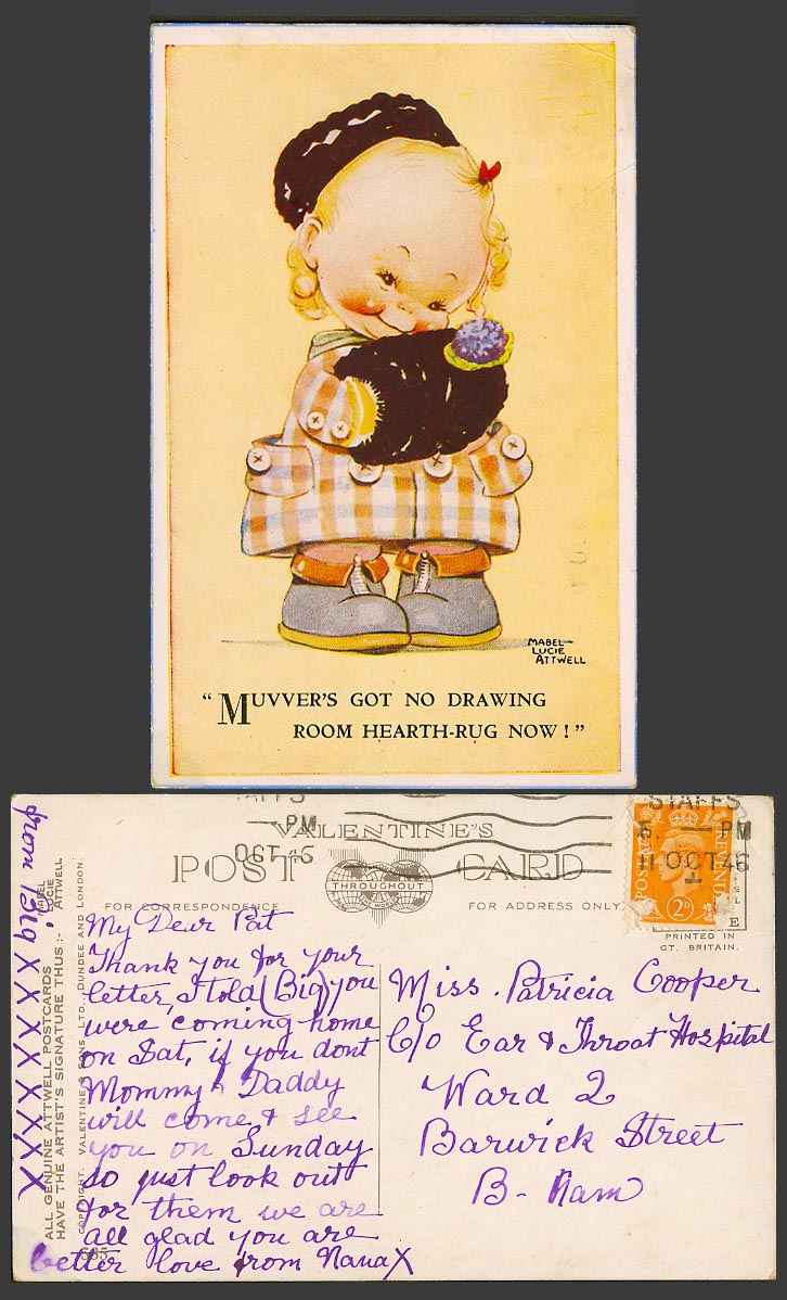 MABEL LUCIE ATTWELL 1946 Old Postcard Got No Drawing Room Hearth-Rug Now No. 535