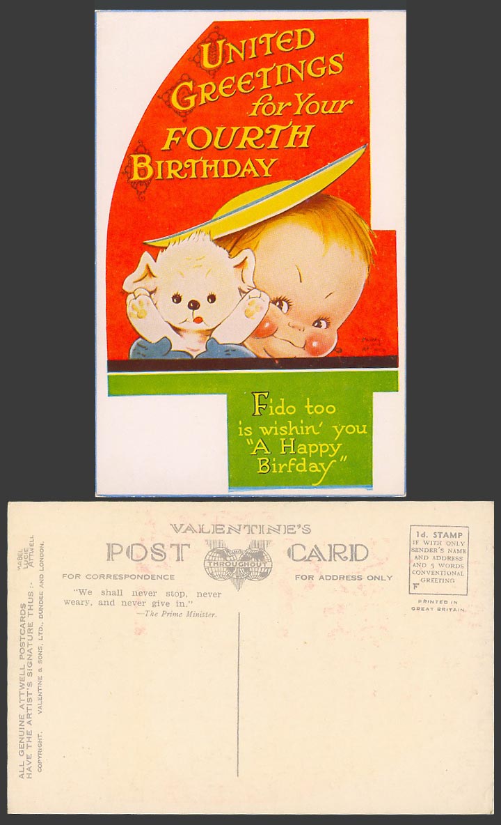 MABEL LUCIE ATTWELL Old Postcard United Greetings Fourth Birthday, Fido Too 831B