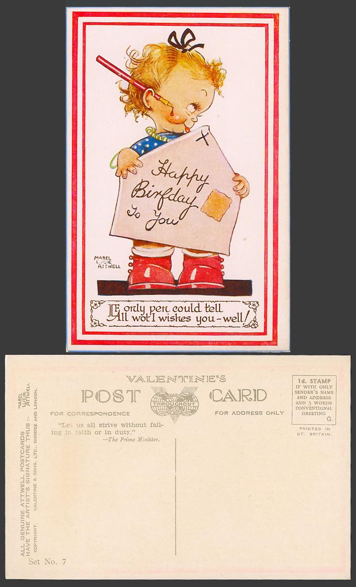 MABEL LUCIE ATTWELL Old Postcard Happy Birthday, Pen Tell All I Wishes Set No. 7