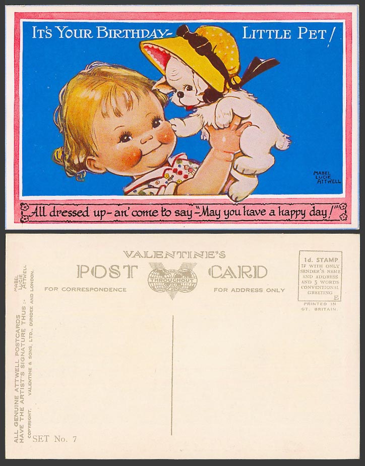 MABEL LUCIE ATTWELL Old Postcard It's Your Birthday Little Pet Dog Puppy Set No7