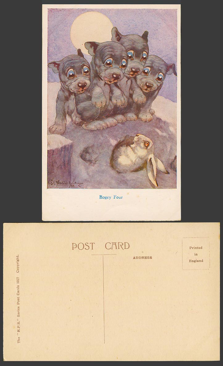 BONZO DOG GE Studdy Old Postcard BOGEY FOUR 4 Puppies Bunny Rabbit Moon No. 1027
