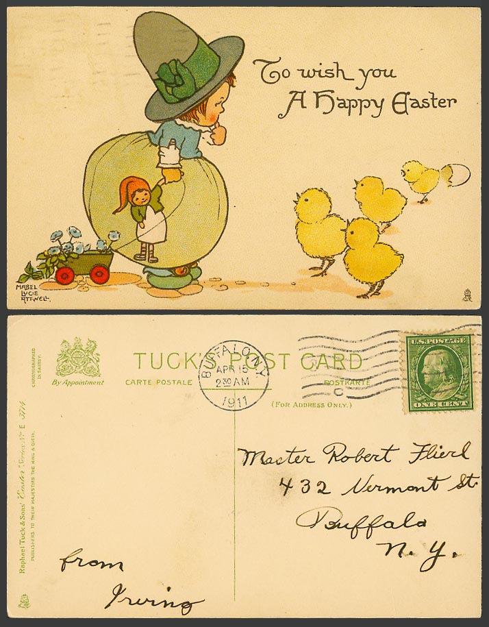 MABEL LUCIE ATTWELL 1911 Old Tucks Postcard Chicks Birds Wish You a Happy Easter