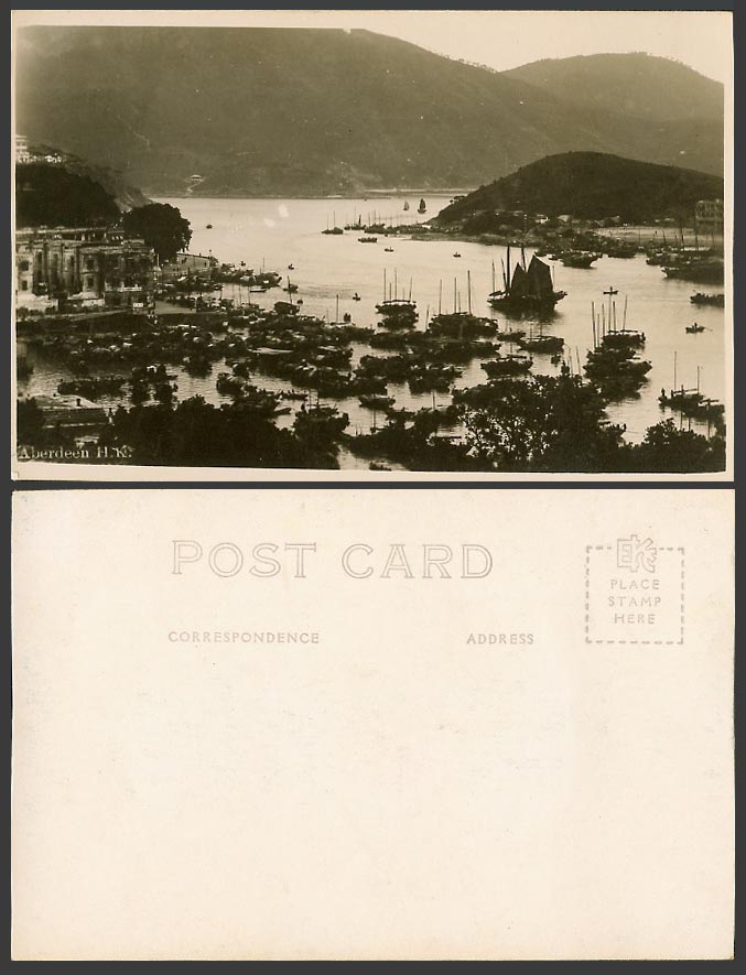 Hong Kong Old Real Photo Postcard Aberdeen Harbour - Chinese Junks Sampans Boats
