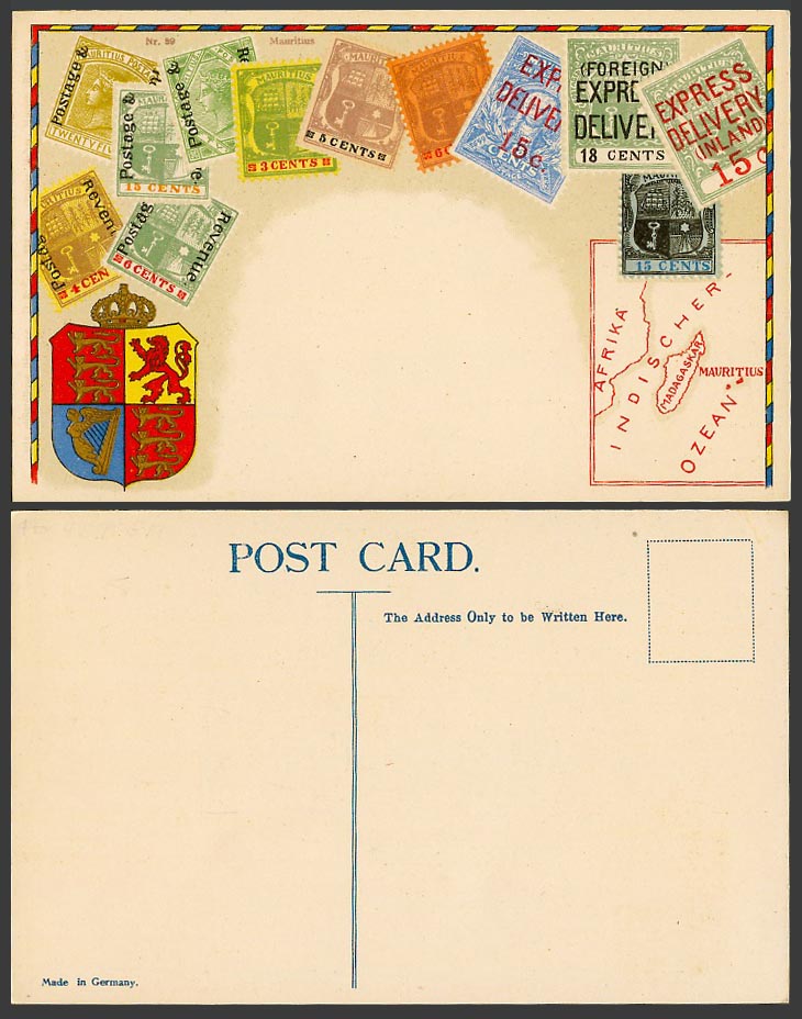 Mauritius MAP Coat of Arms Illustrated Vintage Stamps Stamp Card Old Postcard 89