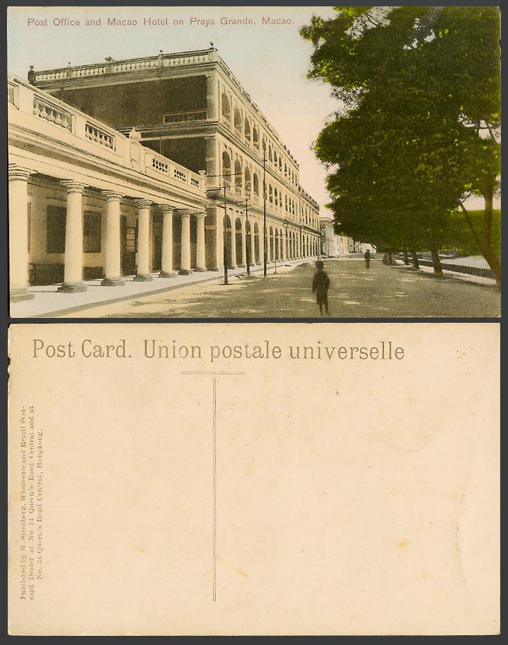 Macau Post Office and Macao Hotel on Praya Grande, Portuguese China Old Postcard
