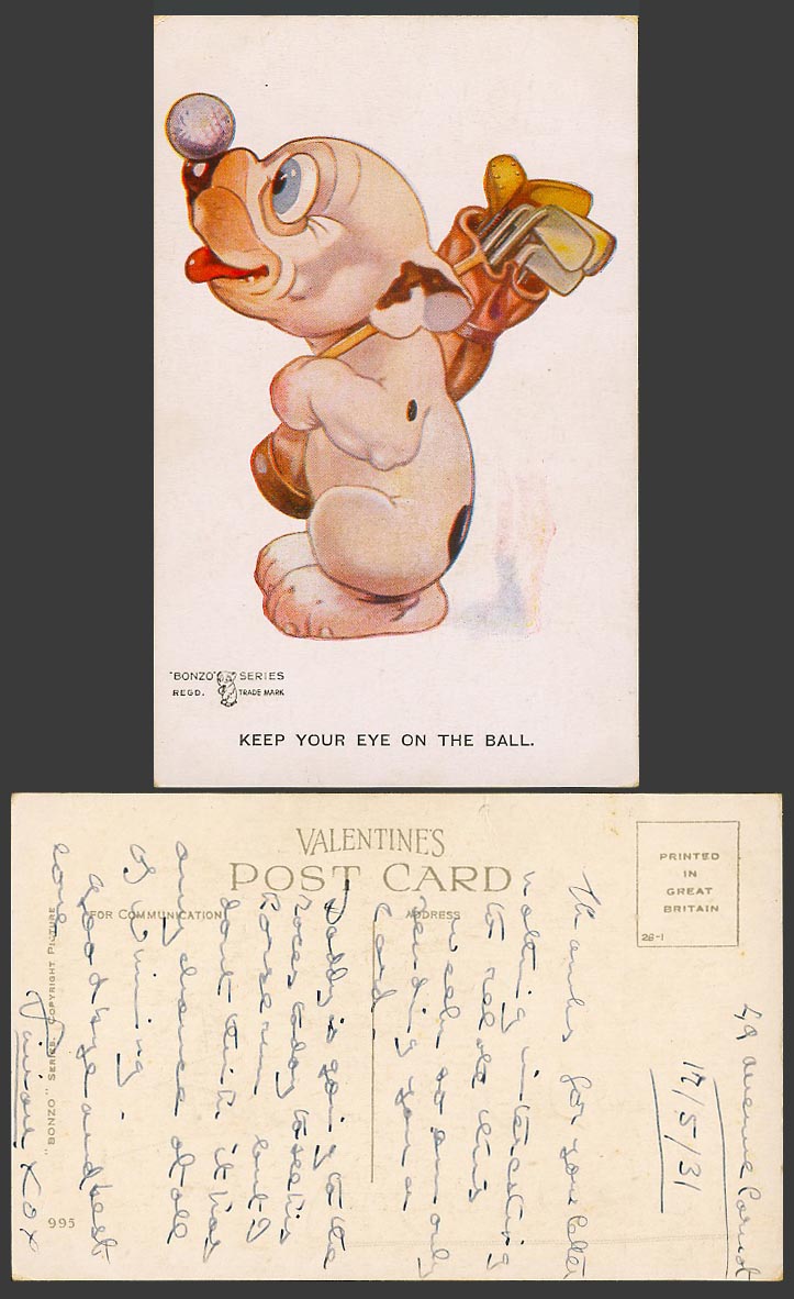 BONZO DOG GE Studdy 1931 Old Postcard Keep U Eye on Ball Golf Golfer Golfing 995