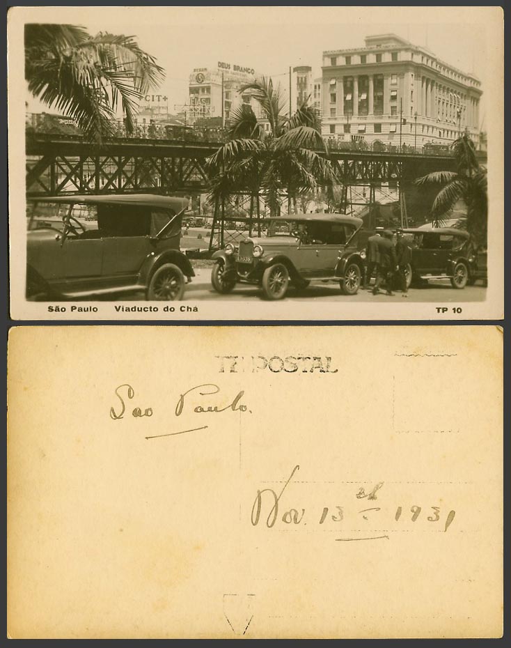 Brazil 1931 Old Real Photo Postcard Sao Paulo Viaducto do Cha Viaduct Bridge CAR