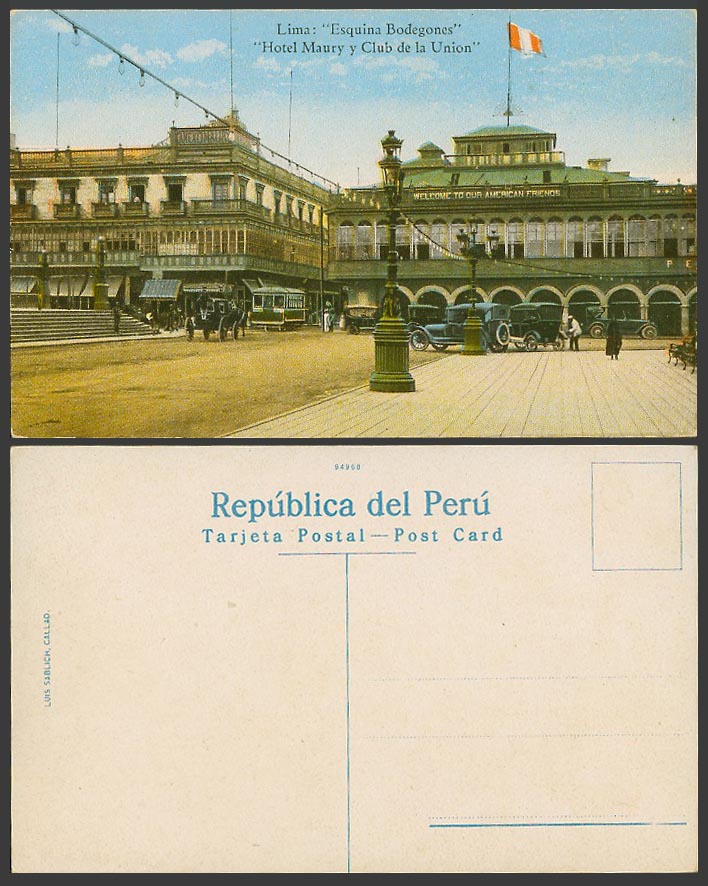Peru Lima Old Postcard Esquina Bodegones Hotel Maury, Club de la Union TRAM Cars