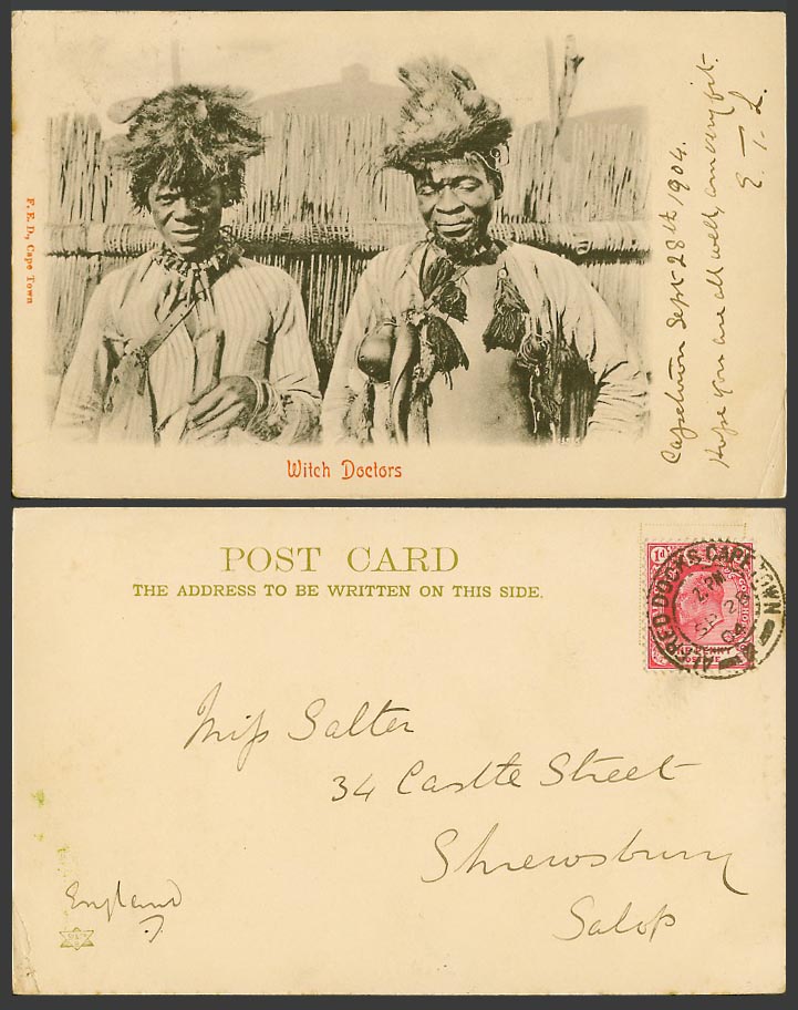 South Africa, Cape of Good Hope KE7 1d 1904 Old UB Postcard Native Witch Doctors