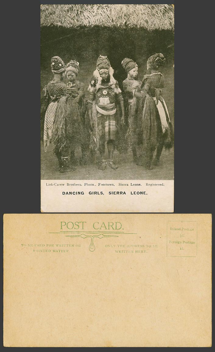 Sierra Leone Old Postcard Dancing Girls Dancing Costumes Painted Faces House Hut