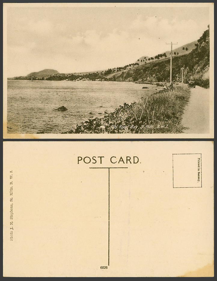 St. Kitts B.W.I. Vintage Postcard OLD ROAD BAY, Vintage Motor Car Brimstone Hill