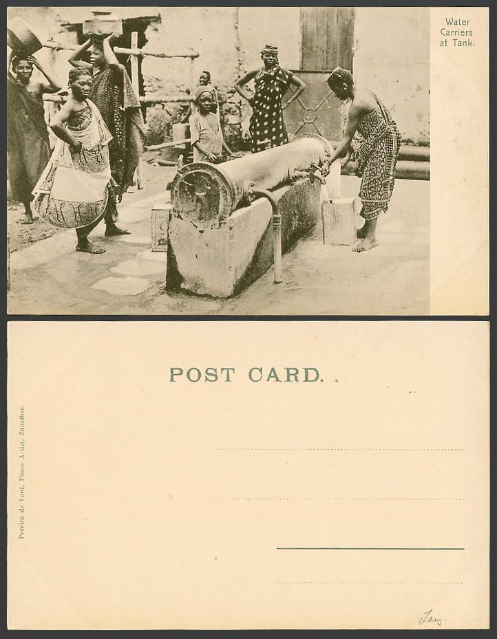 Zanzibar Old Postcard Native Water Carriers at Tank, Women & Girls Drawing Water