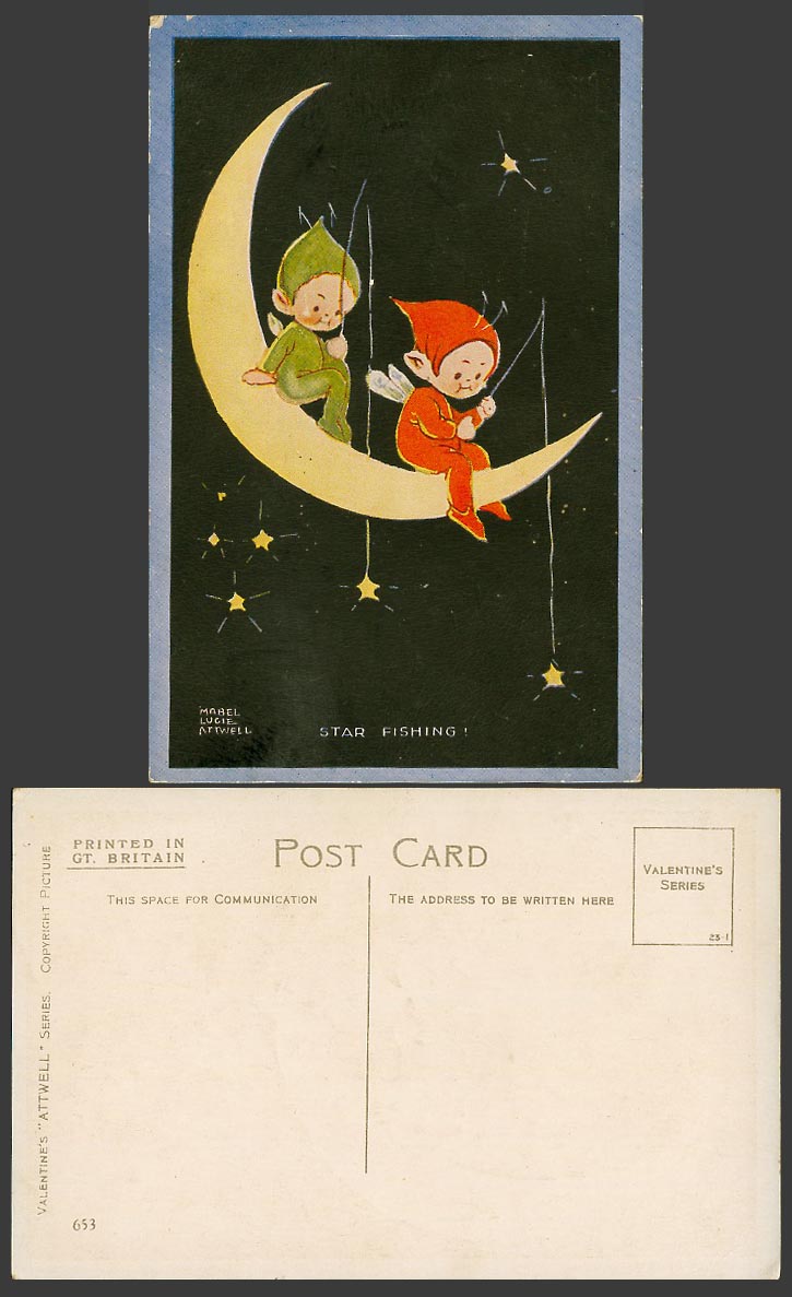MABEL LUCIE ATTWELL Old Postcard Fairy Fairies, Star Fishing Rod on New Moon 653