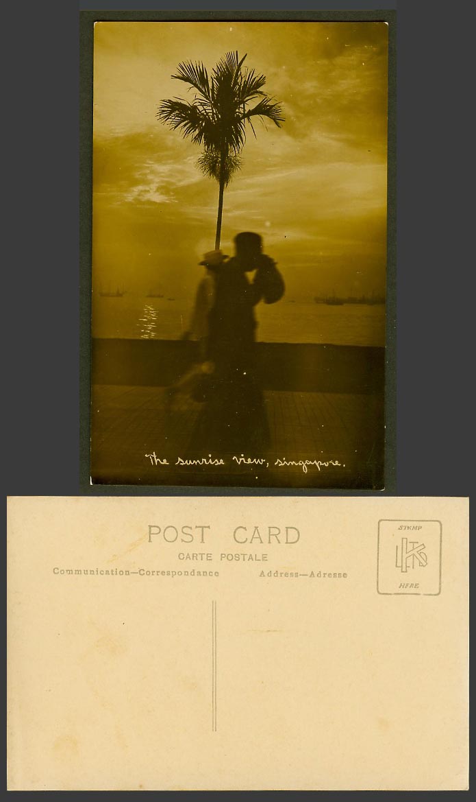 Singapore Old Real Photo Postcard The Sunrise View, Sun Rise Palm Tree Malay Men