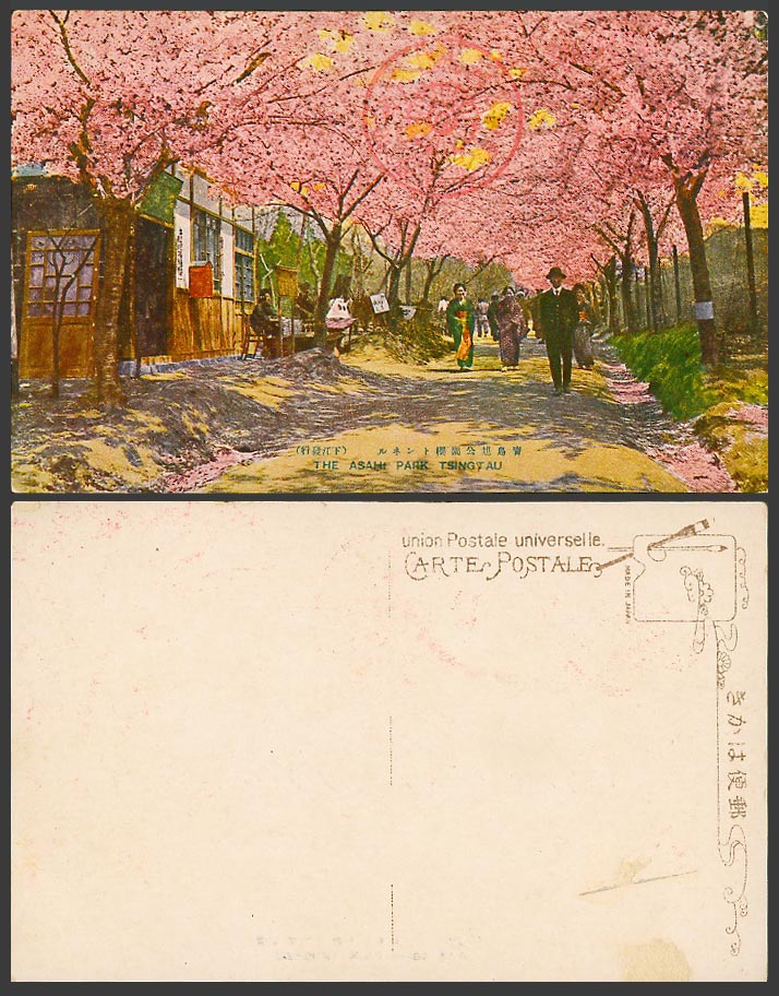 China Old Postcard Tsingtau Tsingtao Asahi Park Cherry Blossom Geisha Girl Women