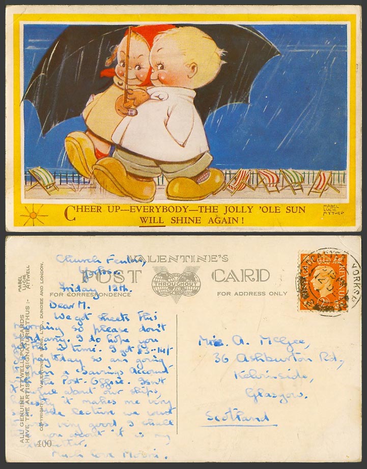 MABEL LUCIE ATTWELL 2d. Old Postcard Cheer Up Jolly Ole Sun Will Shine Again 400