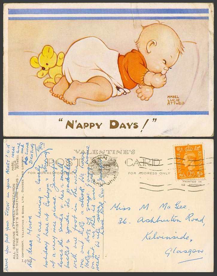 MABEL LUCIE ATTWELL 1950 Old Postcard Teddy Bear, Sucking Thumb N'appy Days 1499