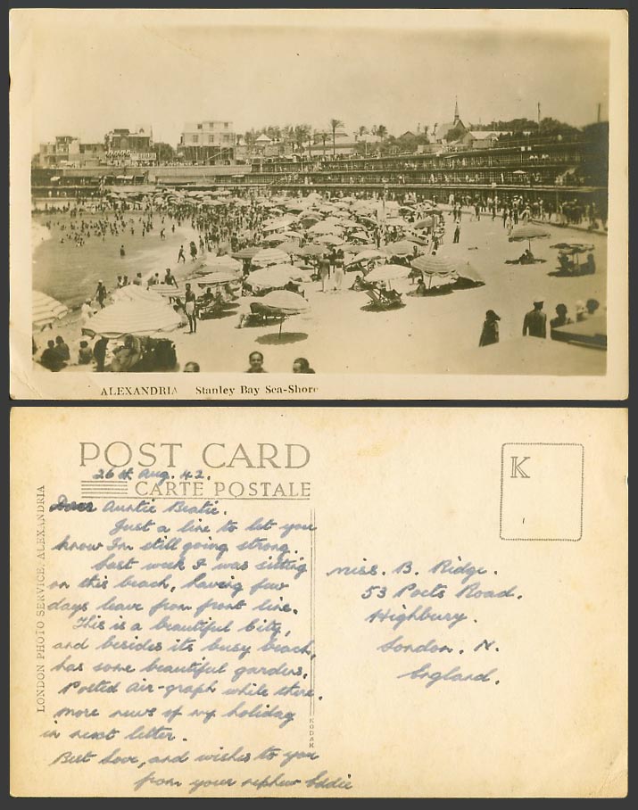 Egypt 1942 Old Real Photo Postcard Alexandria Stanley Bay Sea-Shore, Beach Sands