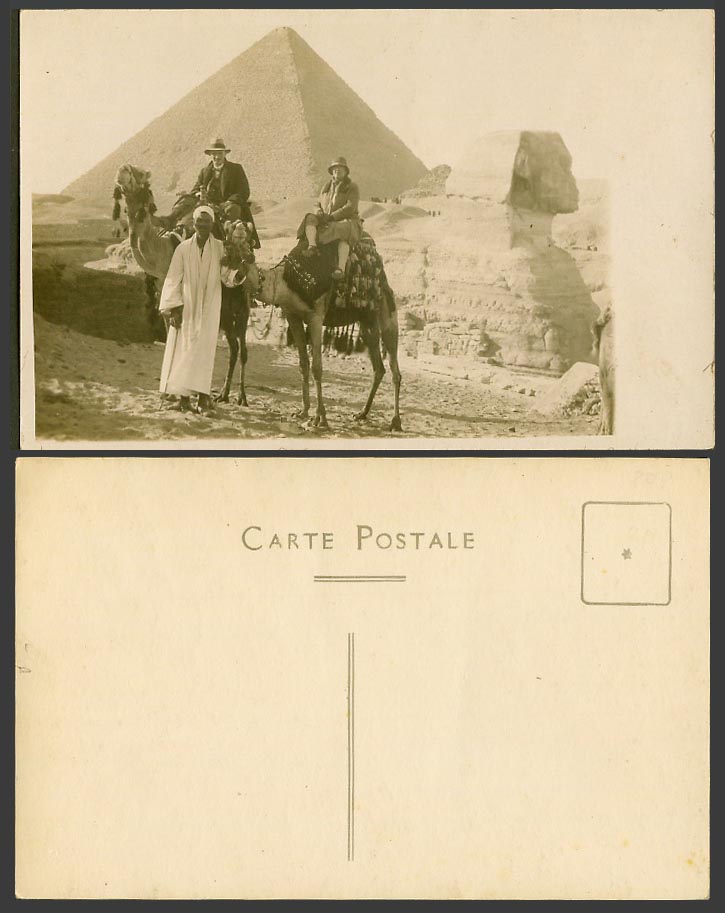 Egypt Old Real Photo Postcard Sphinx Pyramid Man Woman Camel Riders Native Guide