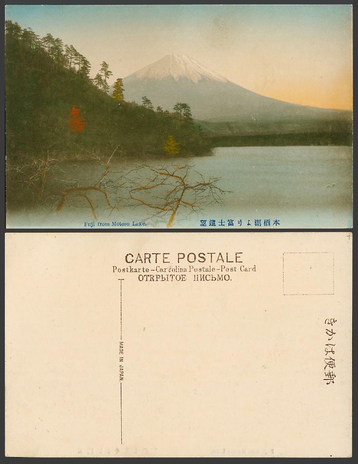 Japan Old Hand Tinted Postcard Mountain Mount Mt. Fuji from Motosu Lake 本栖湖 富士遠望