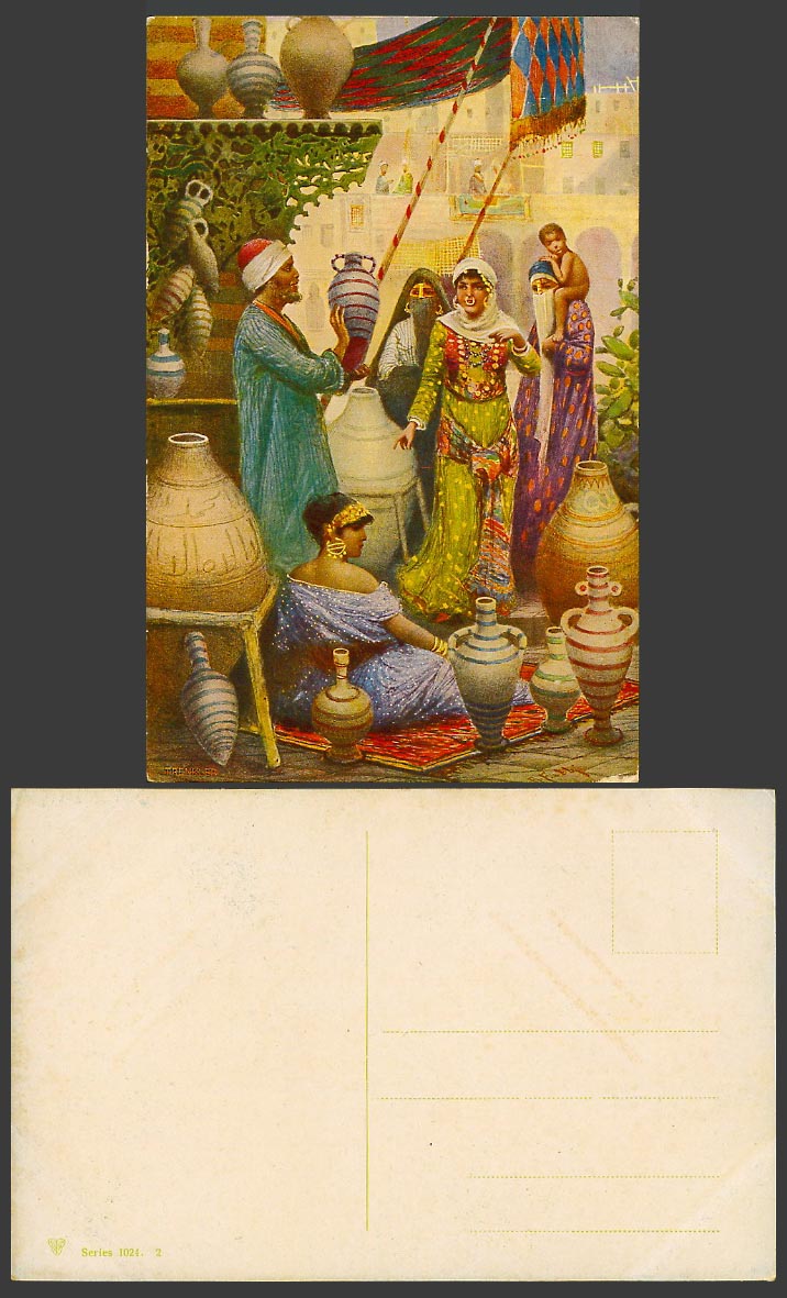 Egypt Art Drawn Old Postcard Arabe Harem Women Ladies Shopping for Pitchers Jugs