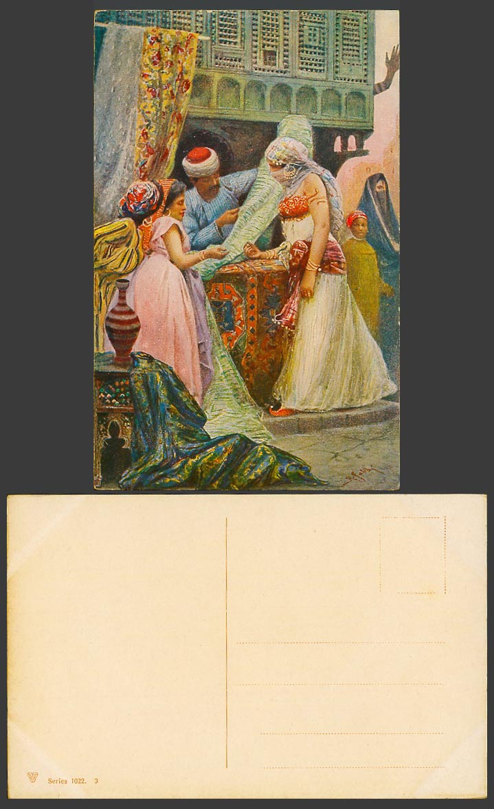 Egypt A. Fabbi Old Postcard Veiled Arab Woman Buying Cloth or Silk Egyptian Lady