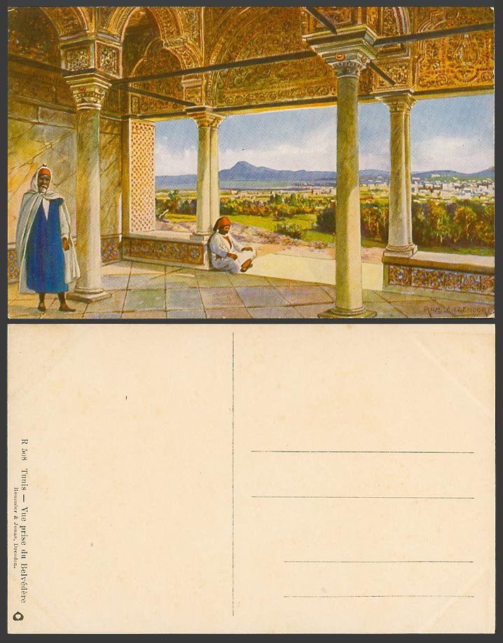 Tunis Rich Lanzendorf Artist Signed Old Postcard Vue prise du Belvedere Arab Men