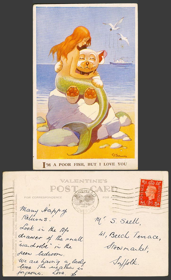 BONZO DOG GE Studdy 1939 Old Postcard Mermaid Am a Pool Fish But I Love You 2982