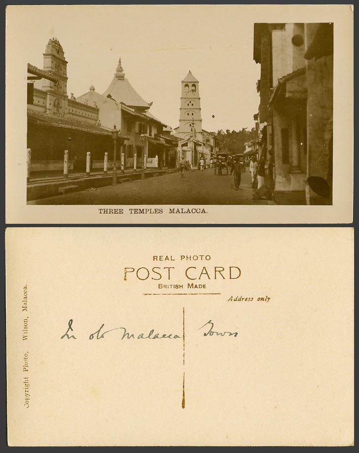 Malacca Old Real Photo Postcard THREE TEMPLES - Street Scene, Rickshaw & Coolies
