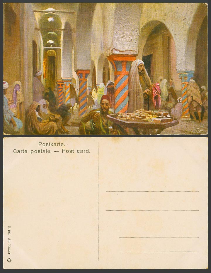 Egypt Artist Drawn Old Postcard Au Bazar, Egyptian Indoor Market Scene, Vendors