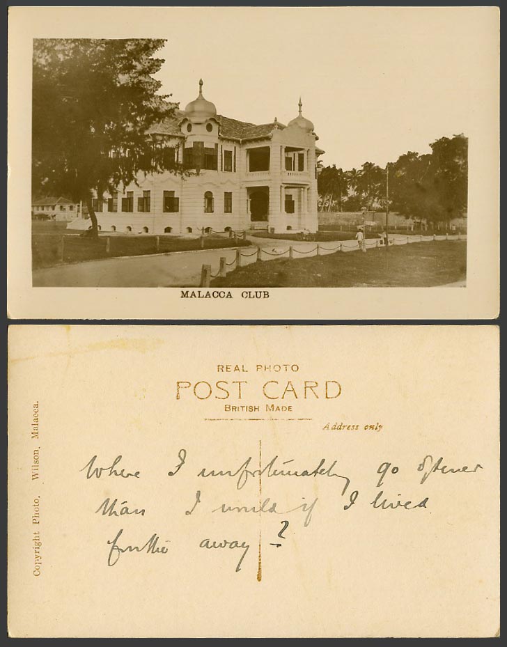 Malacca Club, Old Real Photo Postcard Straits Settlements Malaya, Wilson Malacca