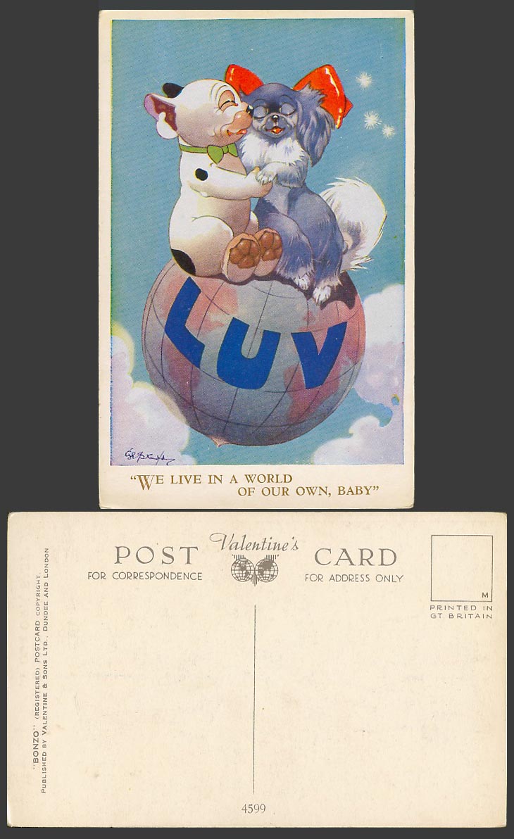 BONZO DOG GE Studdy Old Postcard We Live in Our Own World Baby, Puppy Globe 4599