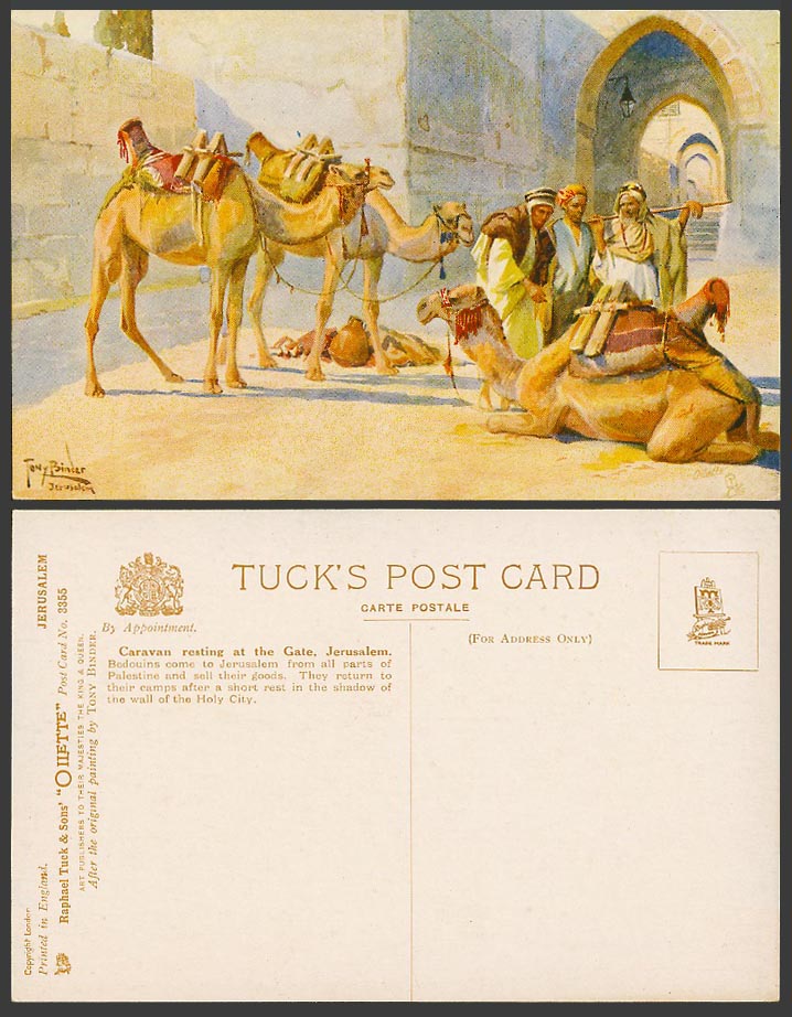 Jerusalem Tony Binder Old Tuck's Oilette Postcard Bedouins Camel Caravan at Gate