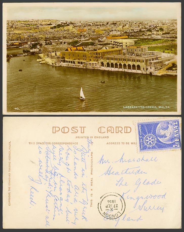 Malta Greek 2ap 1956 Old Postcard Lazzaretto Lazaretto Creek Manoel Island Gzira