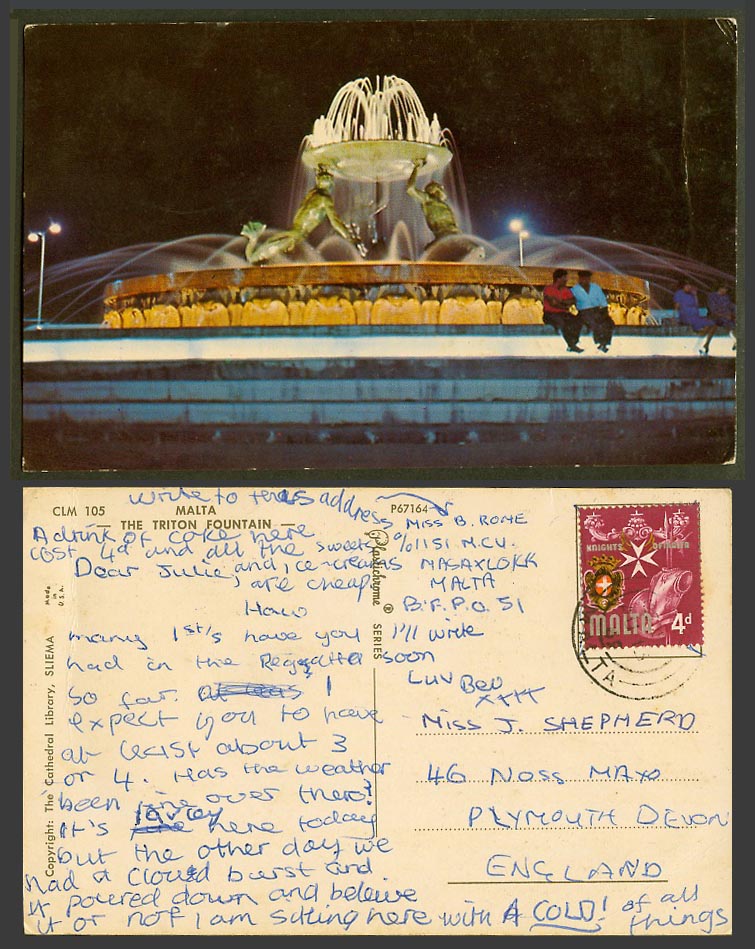 Malta, Tritons Fountain by Night, Knights of Malta 4d. 1969 Old Colour Postcard