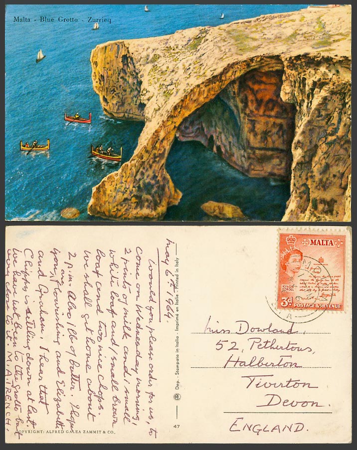 Malta QEII 3d 1964 Old Colour Postcard ZURRIEQ BLUE GROTTO, DGHAISA Native Boats