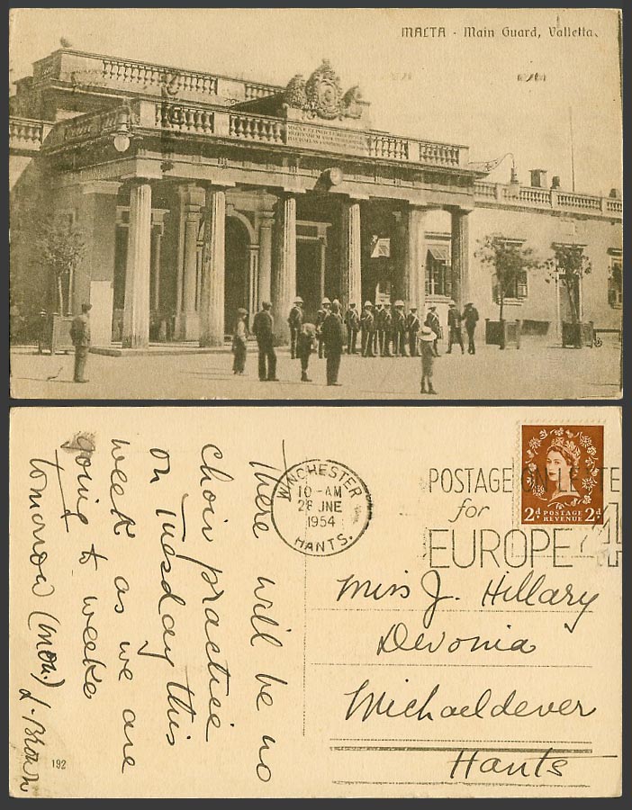 Malta QEII 2d 1954 Old Maltese Postcard Main Guard Valletta Palace Square Guards