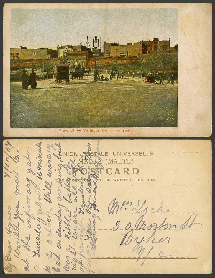 Malta 1907 Old Colour Postcard View of Valletta from Floriana, Street Scene Lamp