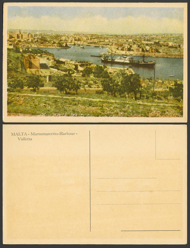 Malta Old Postcard Marsamuscetto Harbour, Valletta, Steamer Steam Ship Panorama