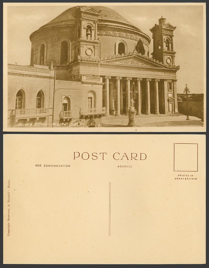 Malta Old Postcard Musta Church Mosta Dome, Bell Towers, Sidmond's Ales & Stout