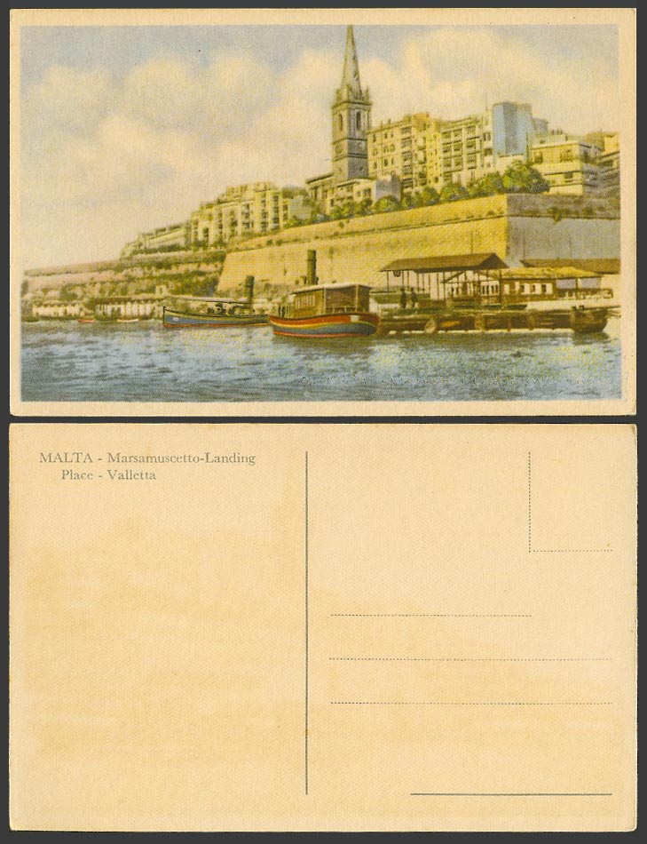 Malta Old Postcard Marsamuscetto Landing Place Valletta DGHAISA Boats Quay Wharf