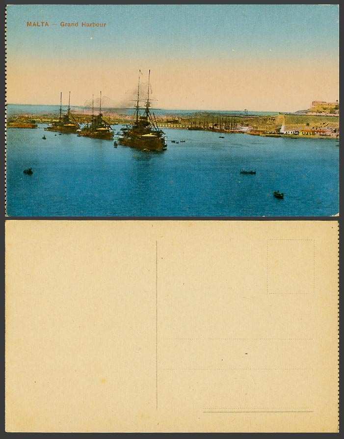 Malta Old Colour Postcard GRAND HARBOUR, Valletta, Warships Battleships Steamers