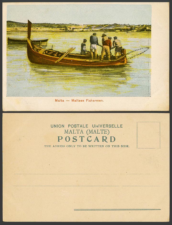 Malta Old Colour UB Postcard Maltese Fishermen on DGHAISA Fishing Boat - Fishery