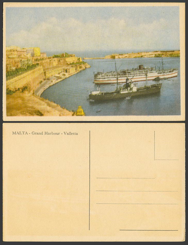 Malta Old Colour Postcard Grand Harbour Valletta Ferry Cruise Liner Steamer Ship