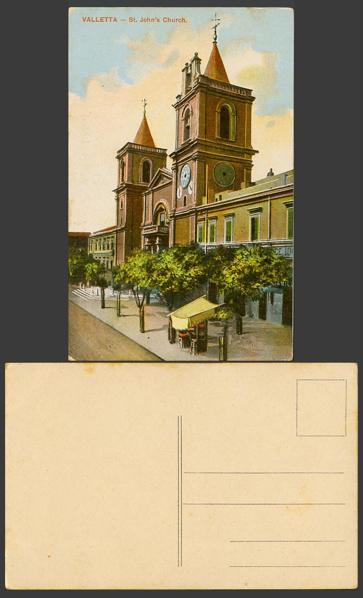 Malta Maltese Old Colour Postcard Valletta St. John's Church Bell Tower & Street