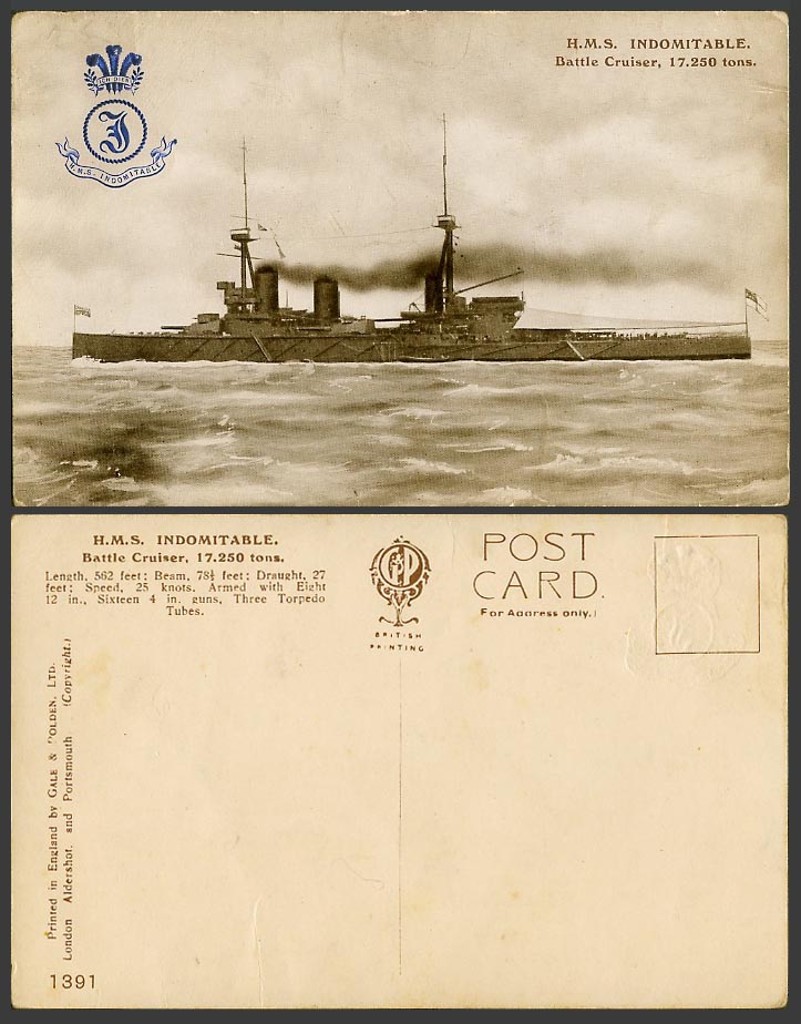 H.M.S. Indomitable Warship Battle Cruiser Ship 17250 tons Arms Old Postcard 1391