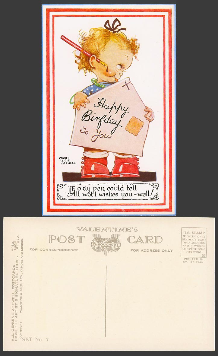 MABEL LUCIE ATTWELL Old Postcard Happy Birthday To U Pen Tell All I Wishes Set 7