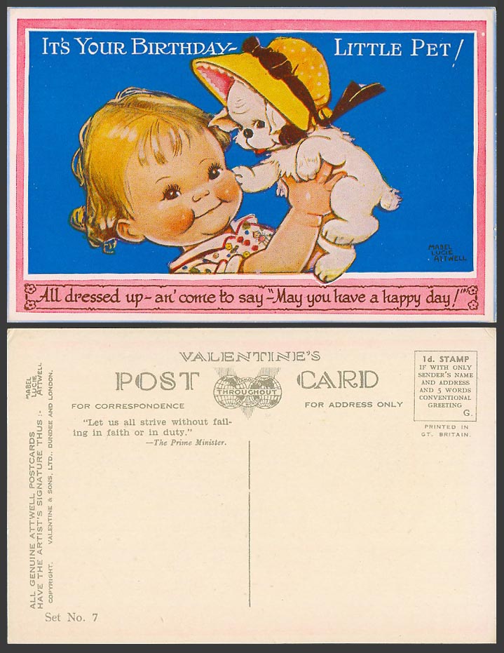 MABEL LUCIE ATTWELL Old Postcard It's Your Birthday Little Pet Dog Puppy Set No7